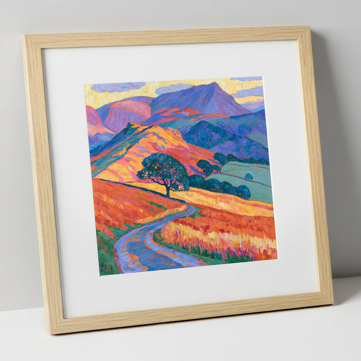 Golden Fell Track and Violet Peaks lake district sky art print in natural frame