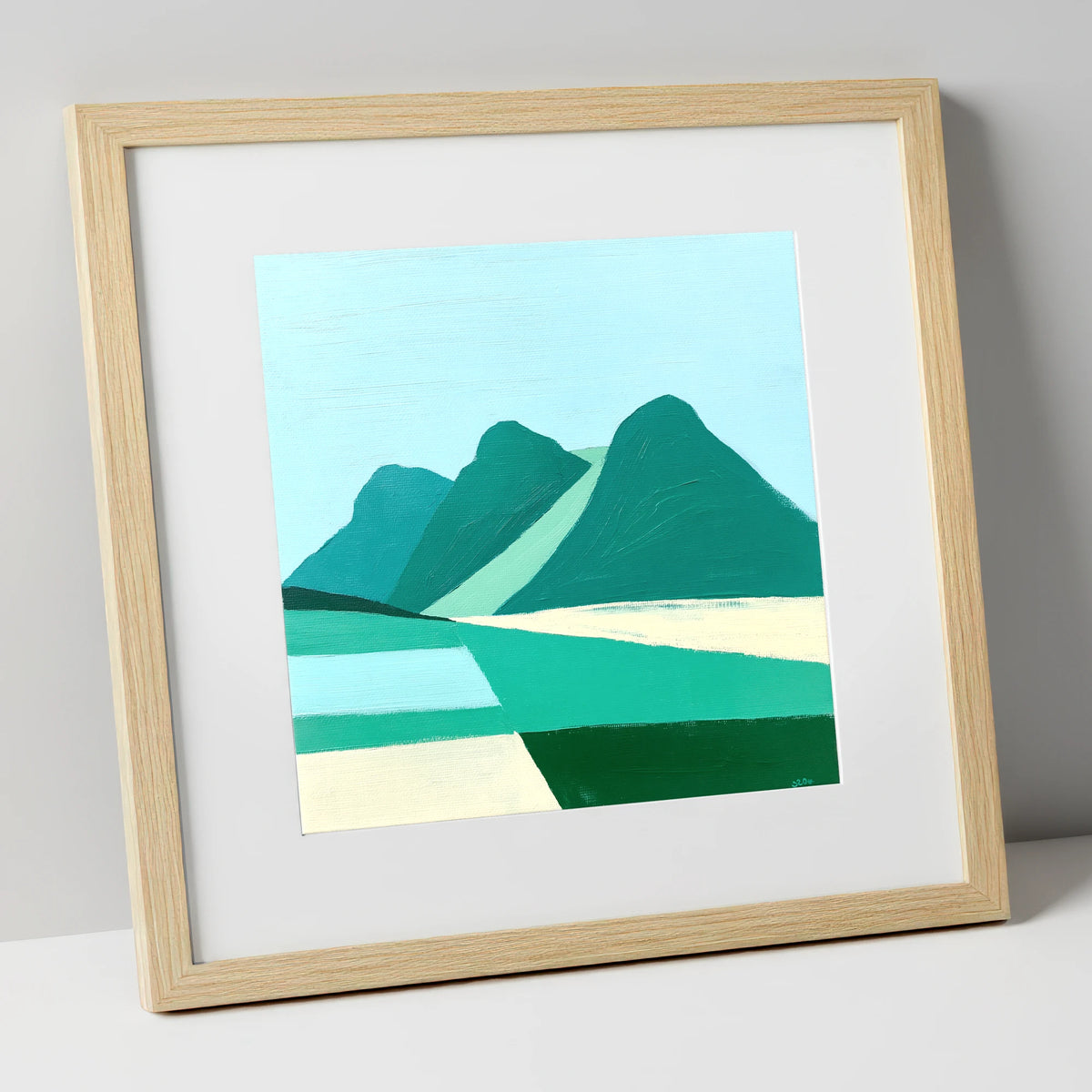 Geometric Langdale Pikes in Teal lake district fell art print in natural frame