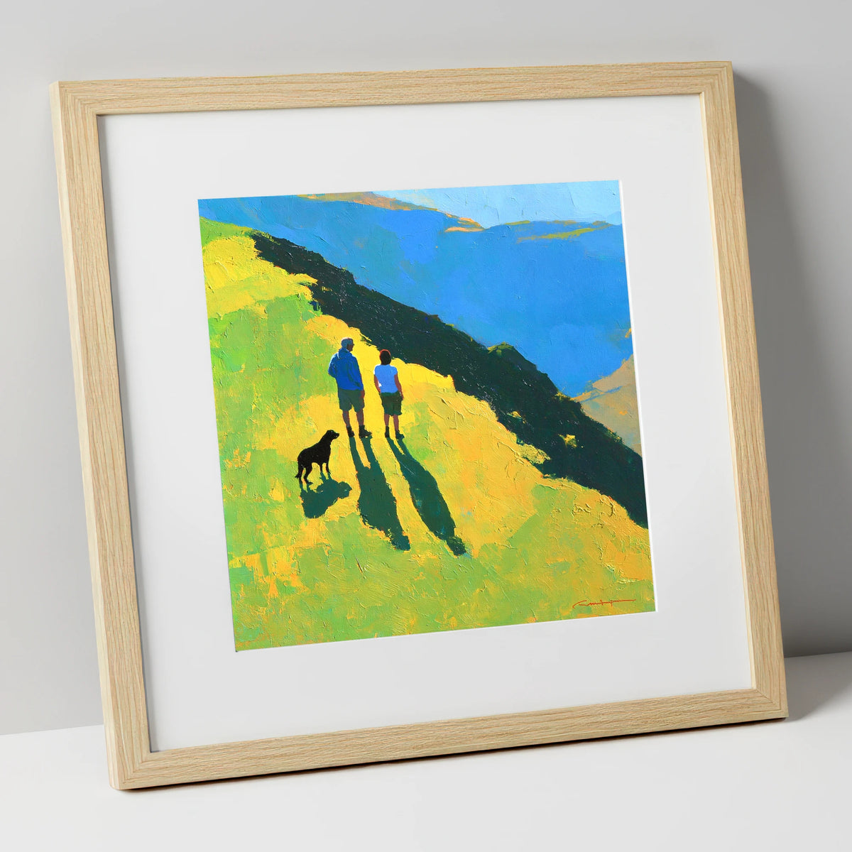 Sunlit Dog Walkers on Blencathra gifts for dog walkers art print in natural frame