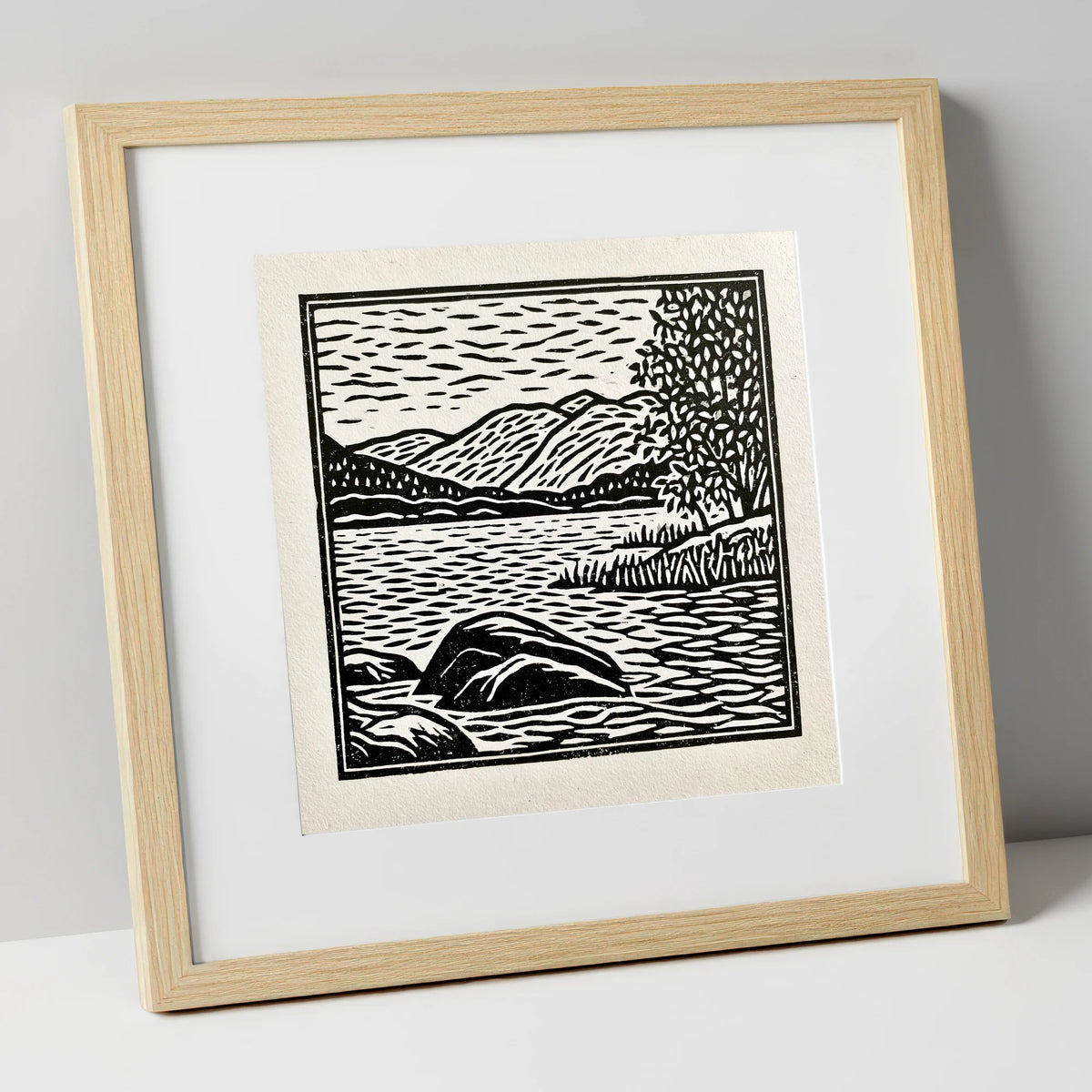 Monochrome Coniston Water Fells lake district lake art print in natural frame