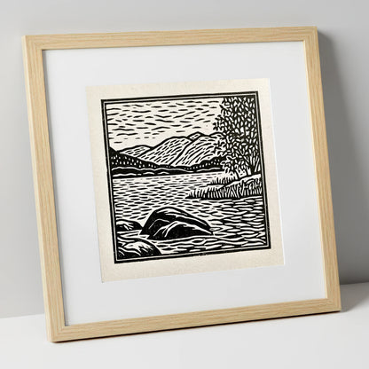 Monochrome Coniston Water Fells lake district lake art print in natural frame