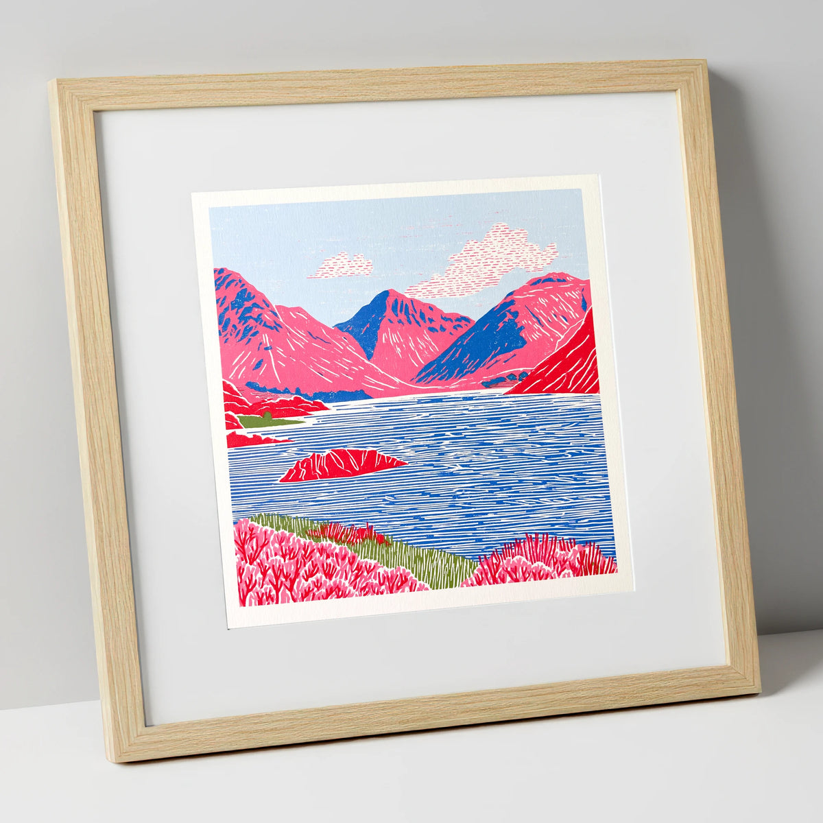 Vibrant Wasdale Fells and Lake lake district valley art print in natural frame