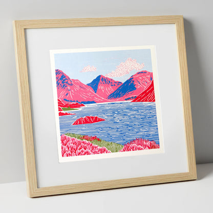 Vibrant Wasdale Fells and Lake lake district valley art print in natural frame