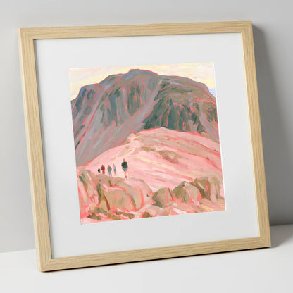 Fell Walkers in Pastel Pink lake district fell art print in natural frame