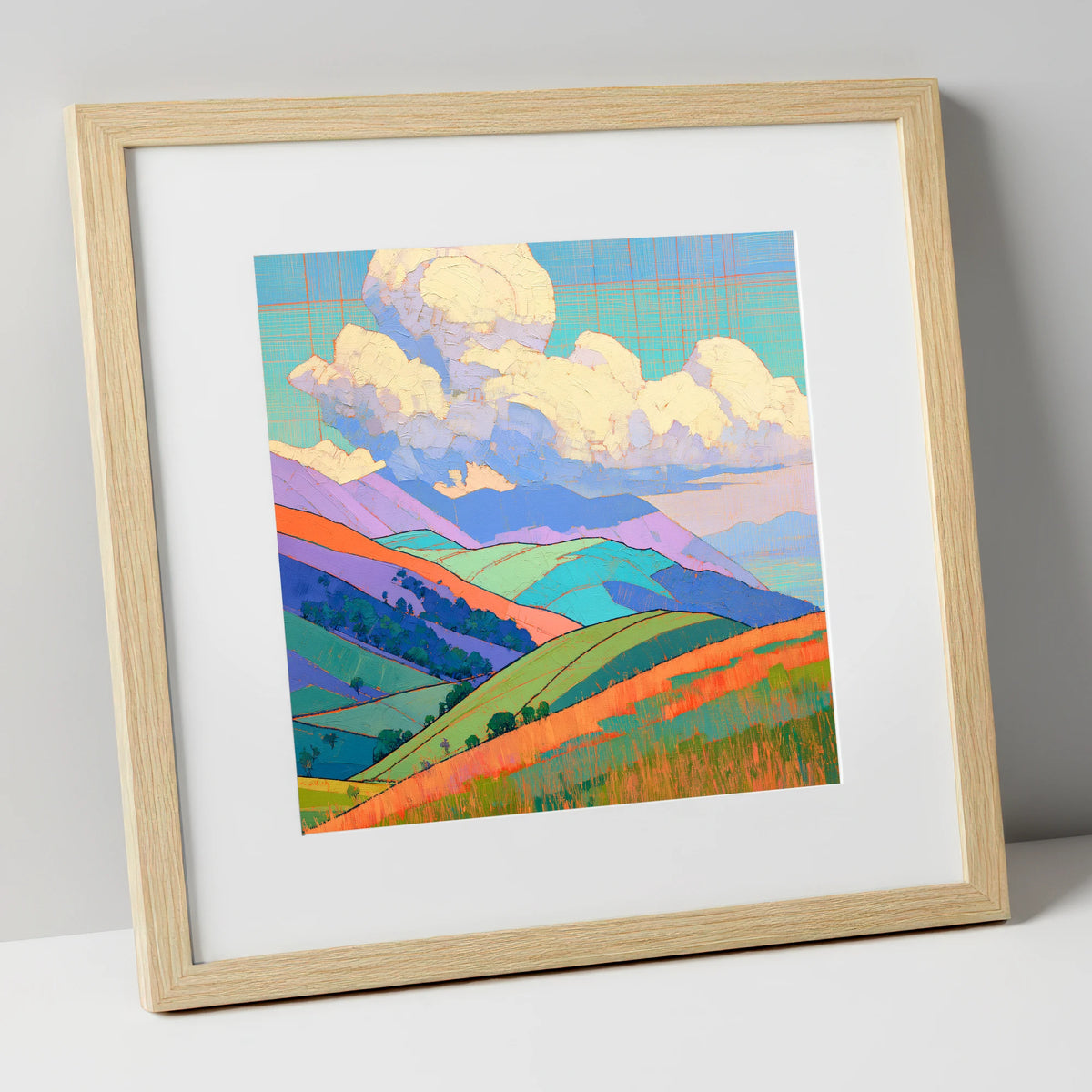 Vibrant Rolling Fells Under Cloud lake district fell art print in natural frame