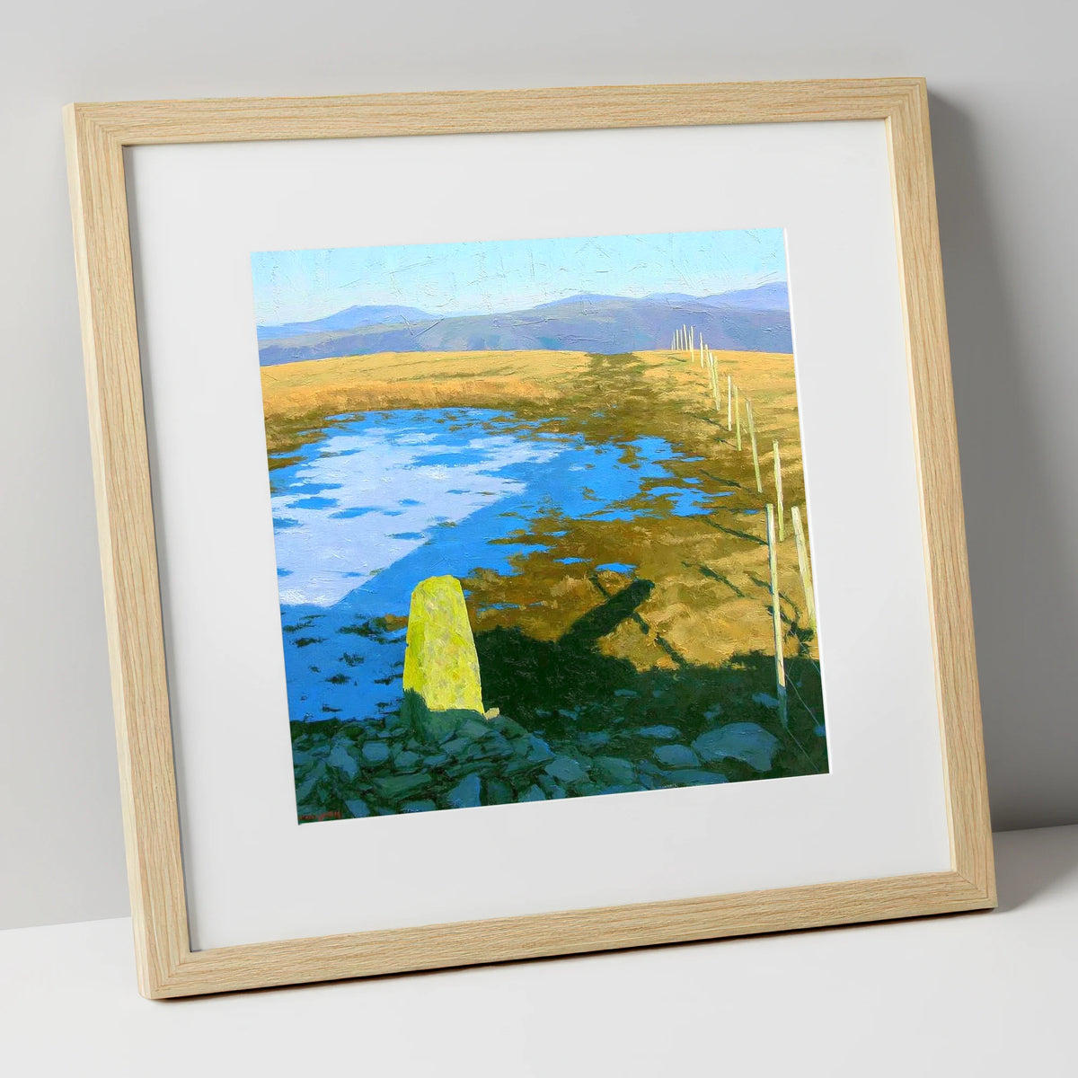 Sunlit Frozen Pool on Ullscarf lake district fell art print in natural frame