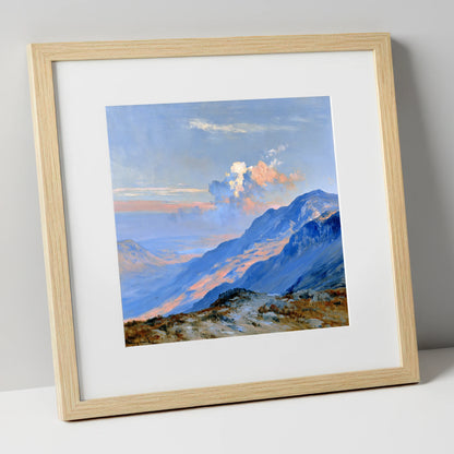 Sunlit Summit Over Blue Fells lake district fell art print in natural frame