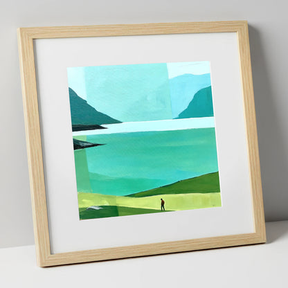 Teal Wastwater and Lone Walker lake district lake art print in natural frame