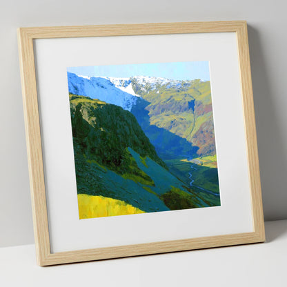 Vibrant Tarn Crag in Snow lake district fell art print in natural frame