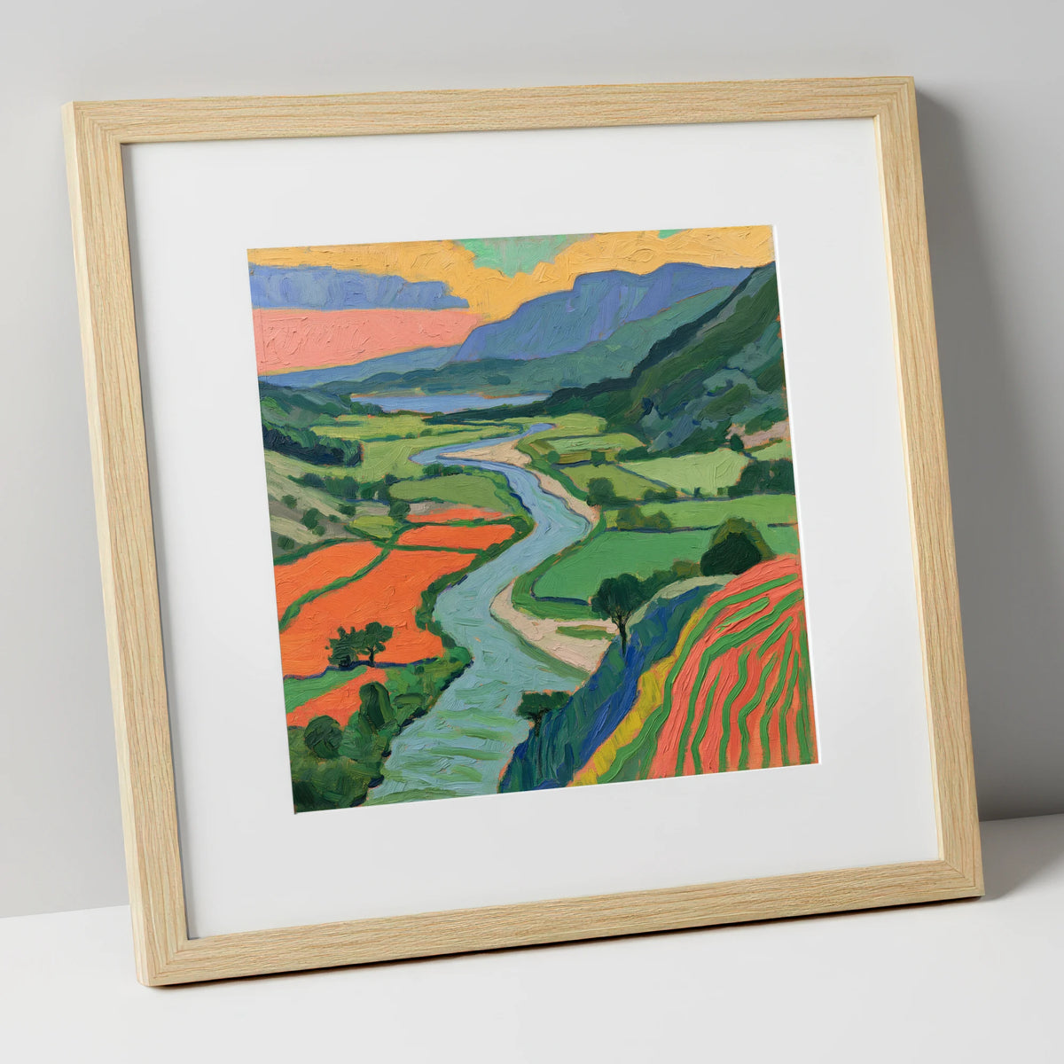 Winding River Through Vivid Fells lake district waterfall art print in natural frame