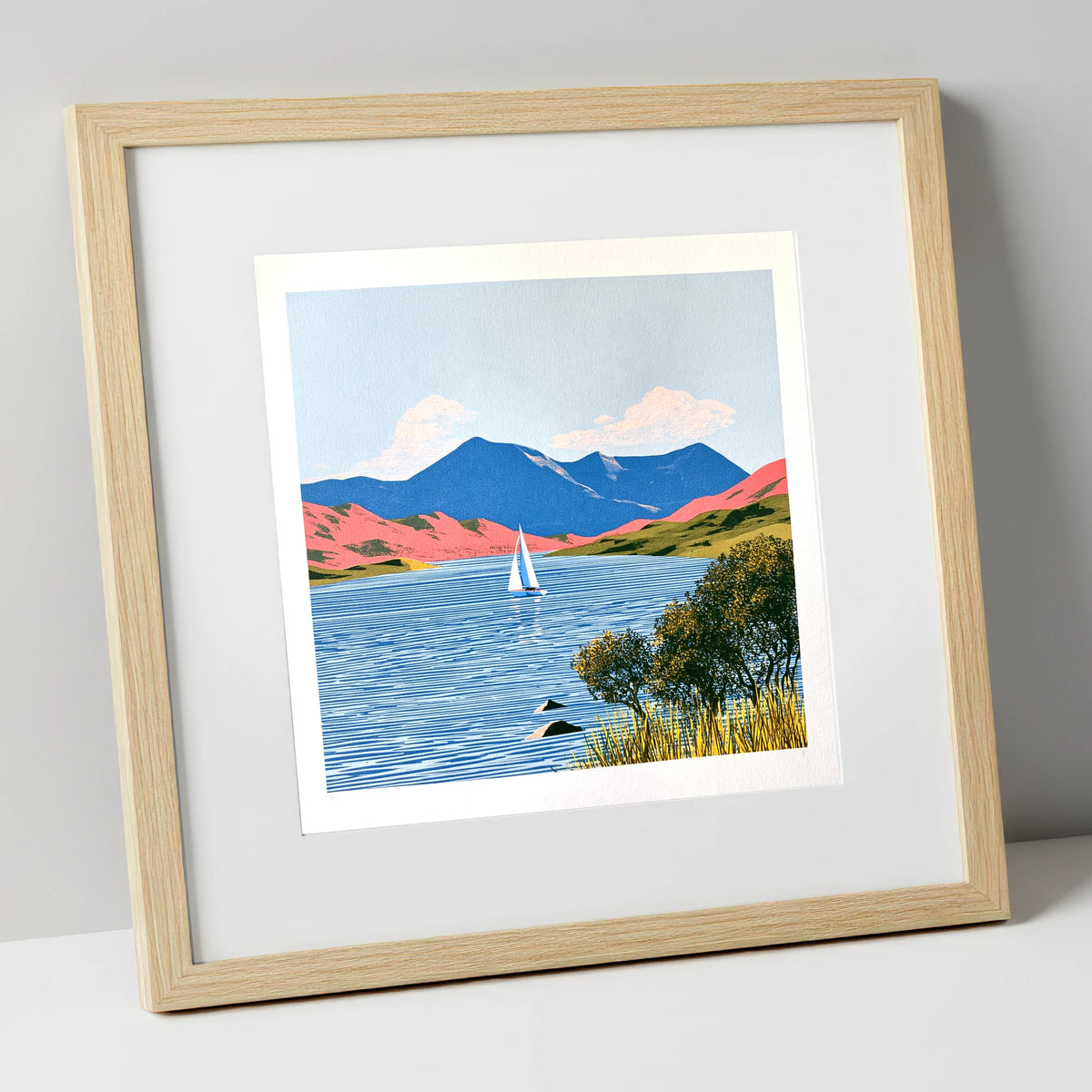 Vibrant Fells Over Coniston Water lake district lake art print in natural frame