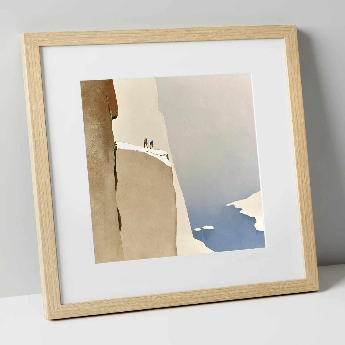 Climbers on a Snowy Precipice lake district walking art print in natural frame