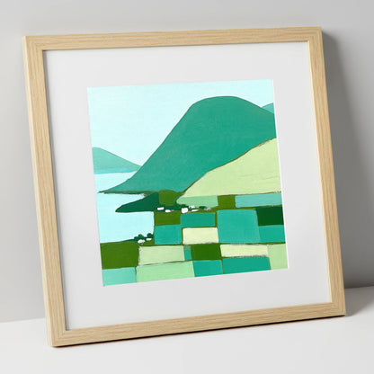 Geometric Greens of Glenridding Village lake district village art print in natural frame