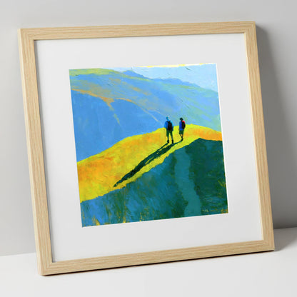 Fell Walkers on a Vibrant Sunlit Ridge lake district fell art print in natural frame
