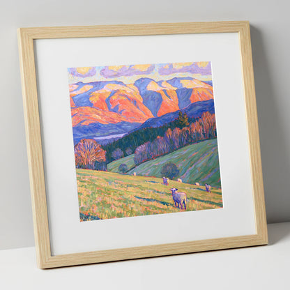 Hawkshead Pastures in Radiant Light lake district village art print in natural frame