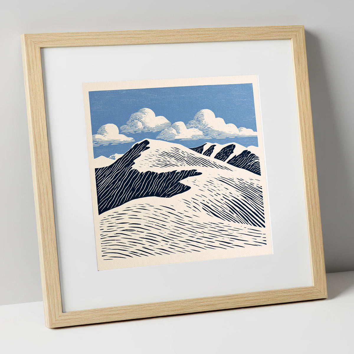 Graphic Helvellyn Ridge in Navy lake district fell art print in natural frame