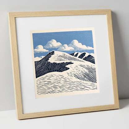 Graphic Helvellyn Ridge in Navy lake district fell art print in natural frame