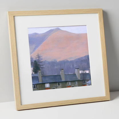 Skiddaw over Keswick at Dusk lake district village art print in natural frame
