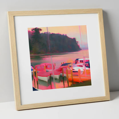 Neon Sunset Over Windermere Boats lake district lake art print in natural frame