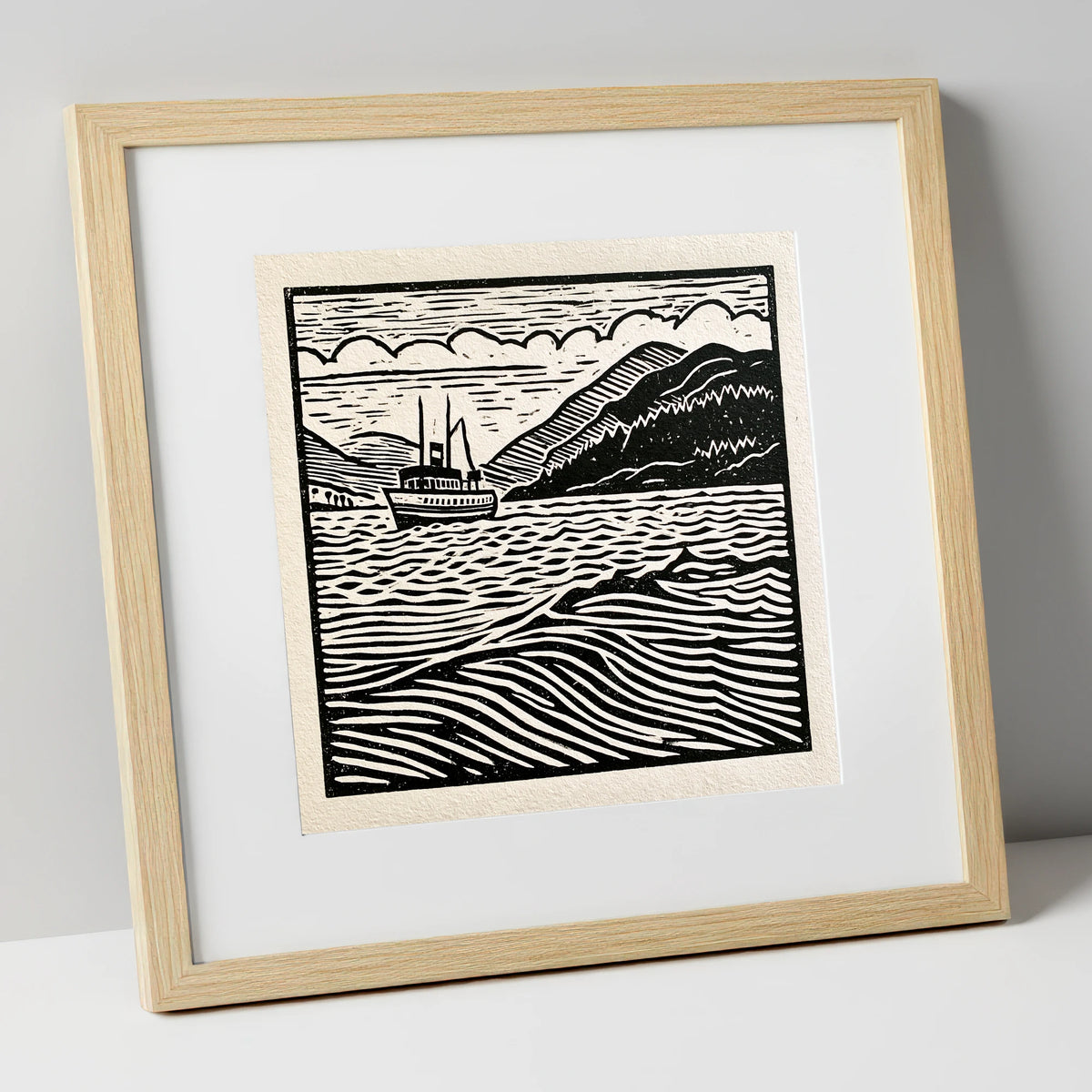 Monochrome Steamer on Ullswater lake district lake art print in natural frame