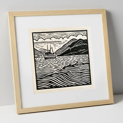 Monochrome Steamer on Ullswater lake district lake art print in natural frame
