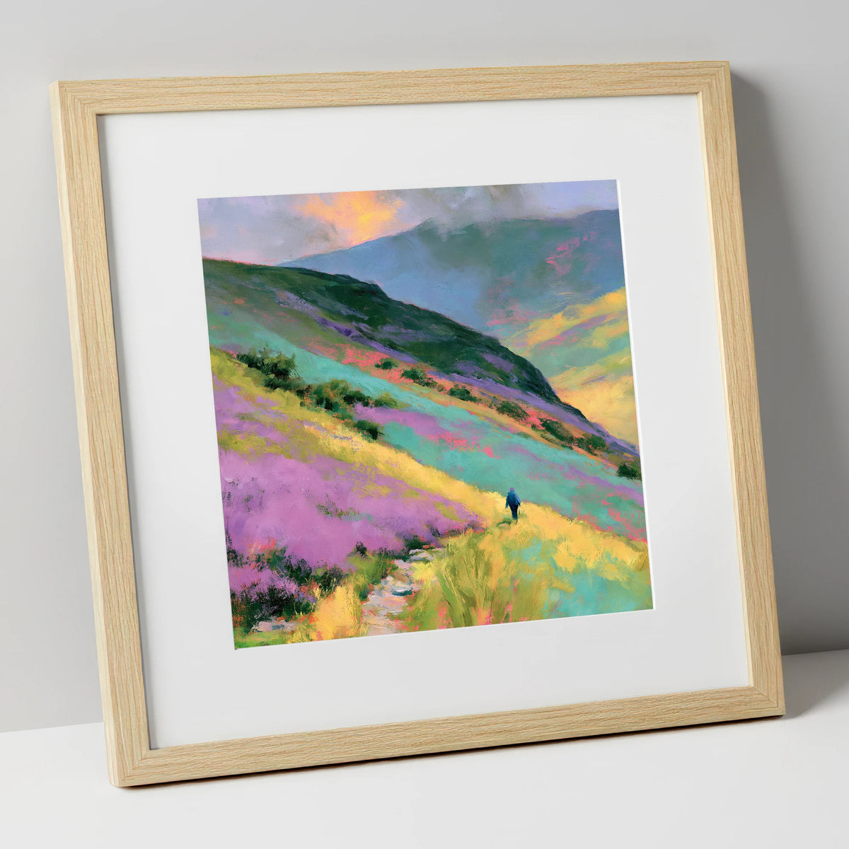 Lone Walker on Vivid Fells lake district walking art print in natural frame
