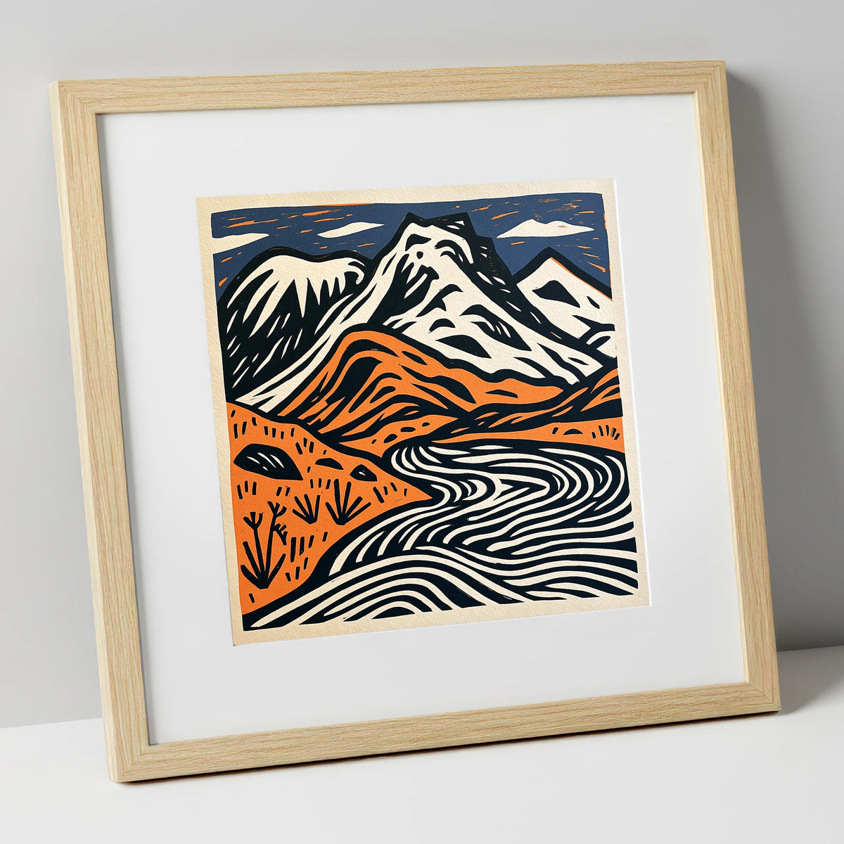 Bowfell in Navy and Terracotta lake district fell art print in natural frame