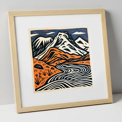 Bowfell in Navy and Terracotta lake district fell art print in natural frame