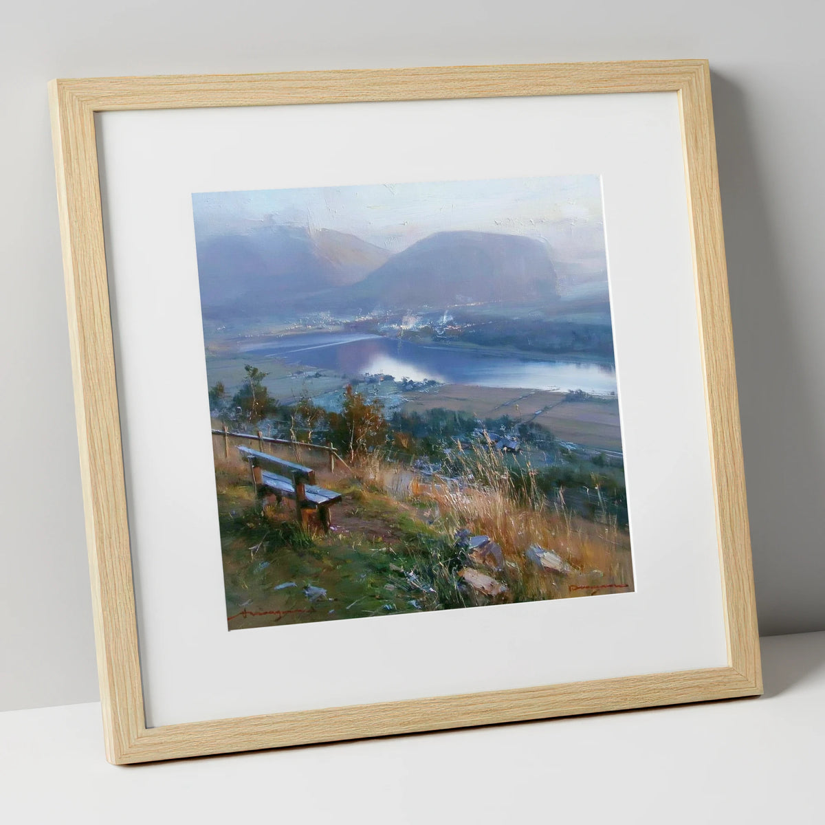 Elevated Bench Over Loweswater lake district lake art print in natural frame