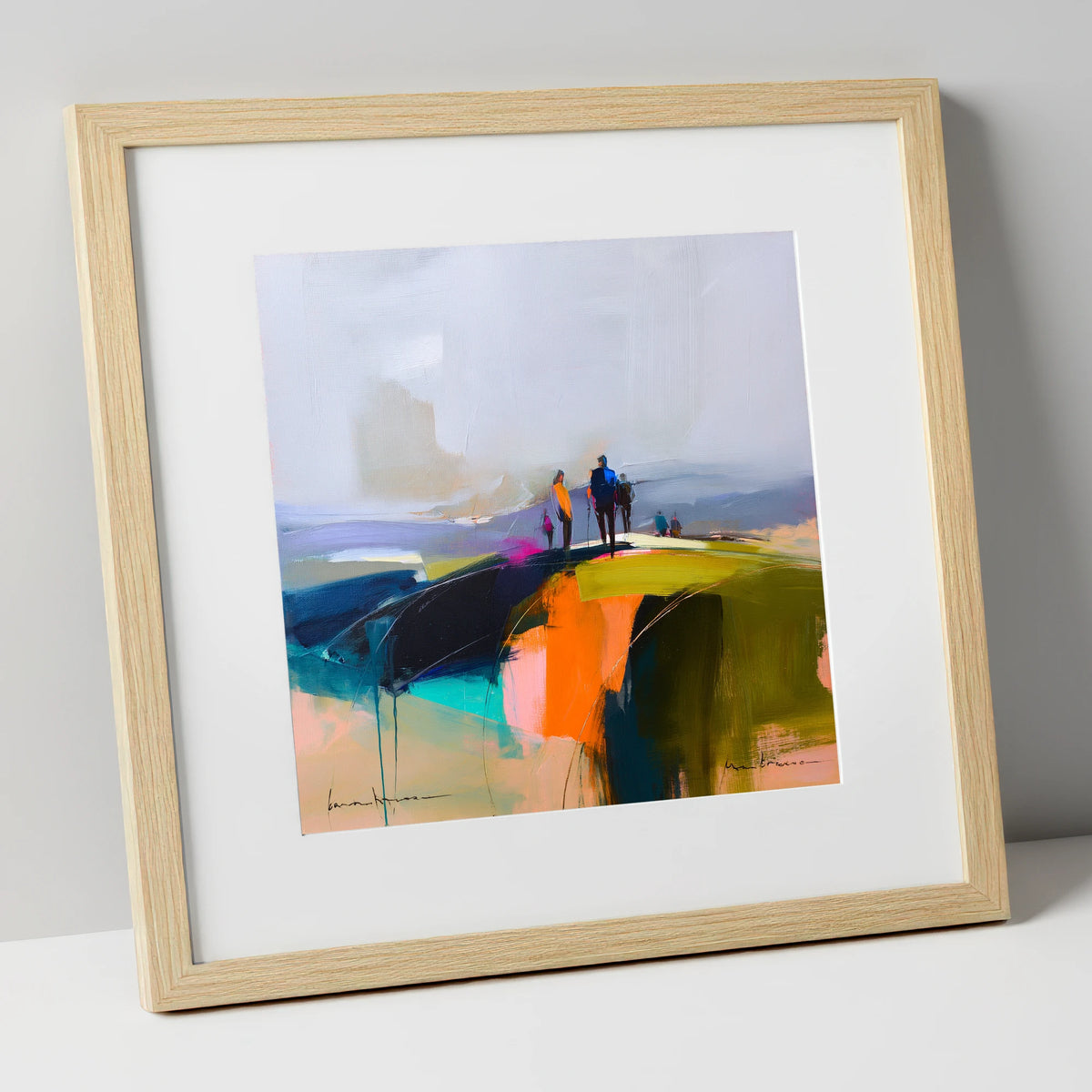 Abstract Fell Top Walkers lake district fell art print in natural frame