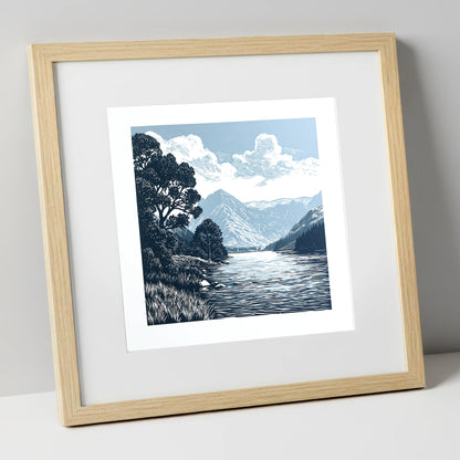 Buttermere in Slate and Navy lake district lake art print in natural frame
