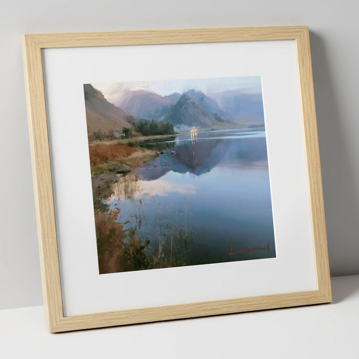 Loweswater Lake in Misty Light lake district lake art print in natural frame