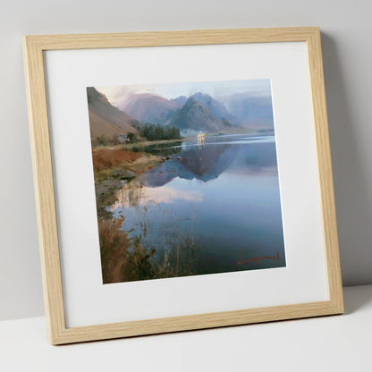 Loweswater Lake in Misty Light lake district lake art print in natural frame