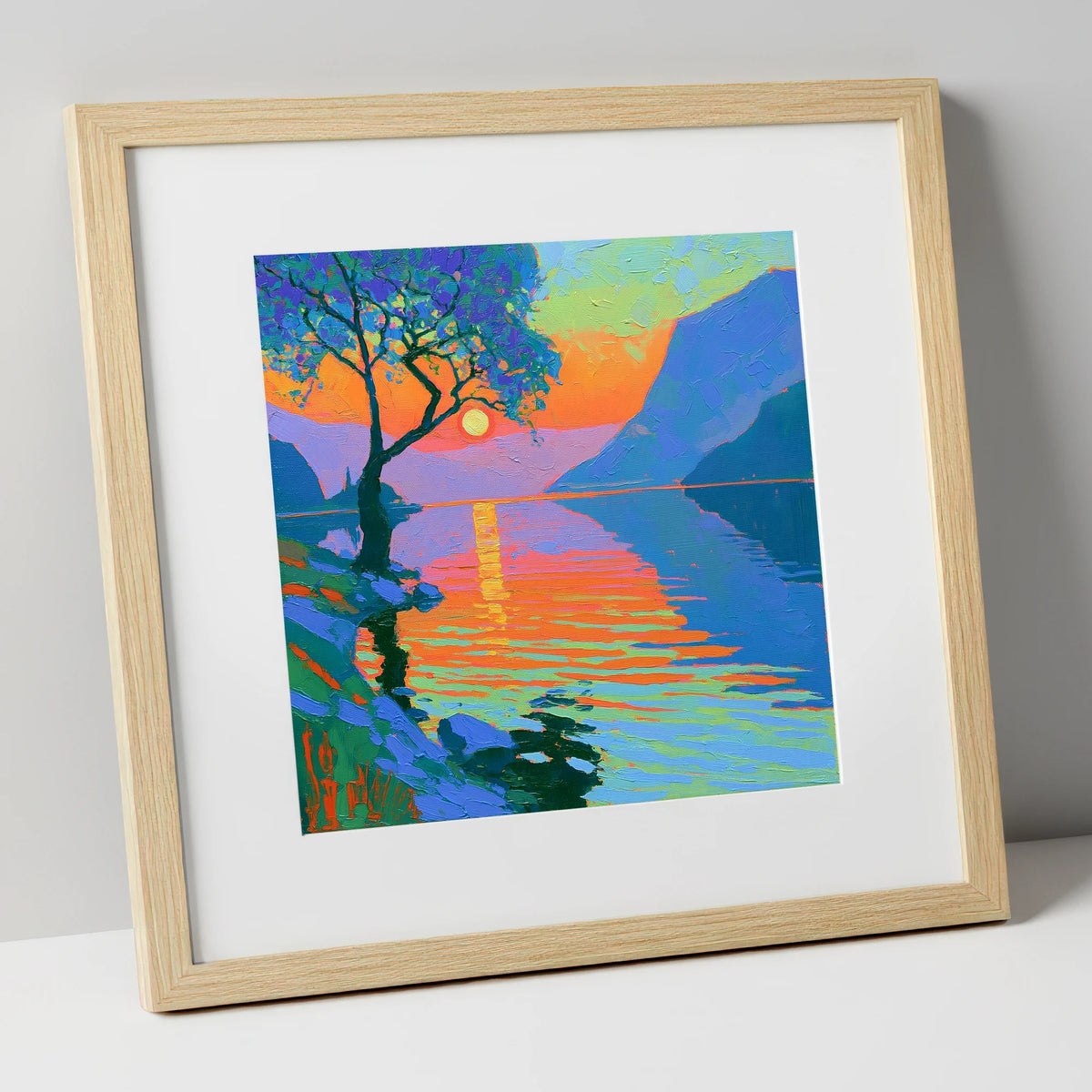 Radiant Sunset Over Lake Water lake district lake art print in natural frame