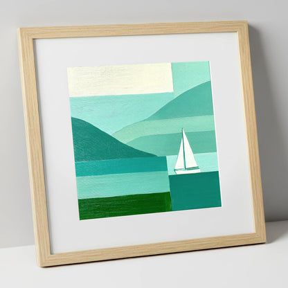 Geometric Lake District Sailboat lake district walking art print in natural frame
