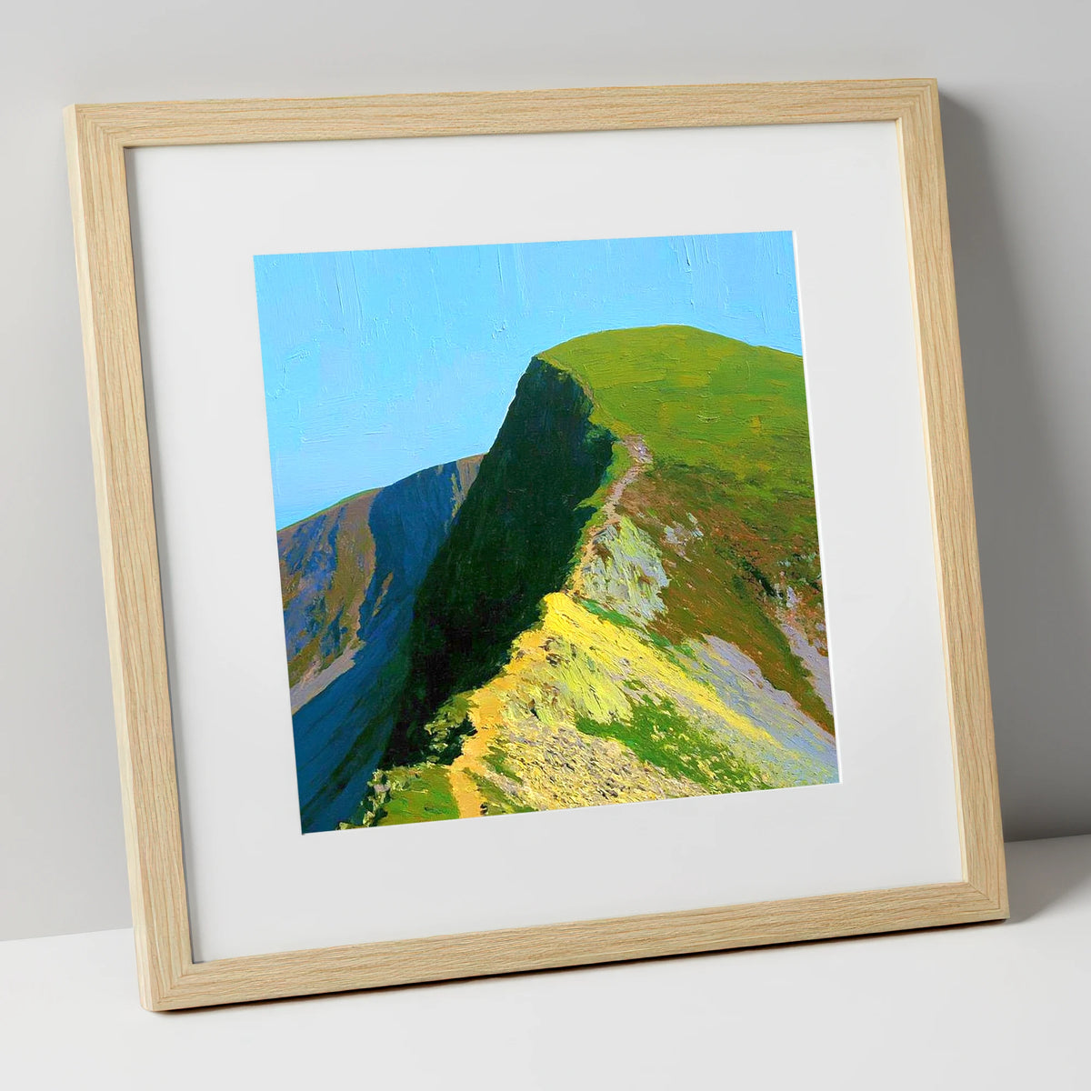 Sunlit Crag Hill Ridge Path lake district fell art print in natural frame