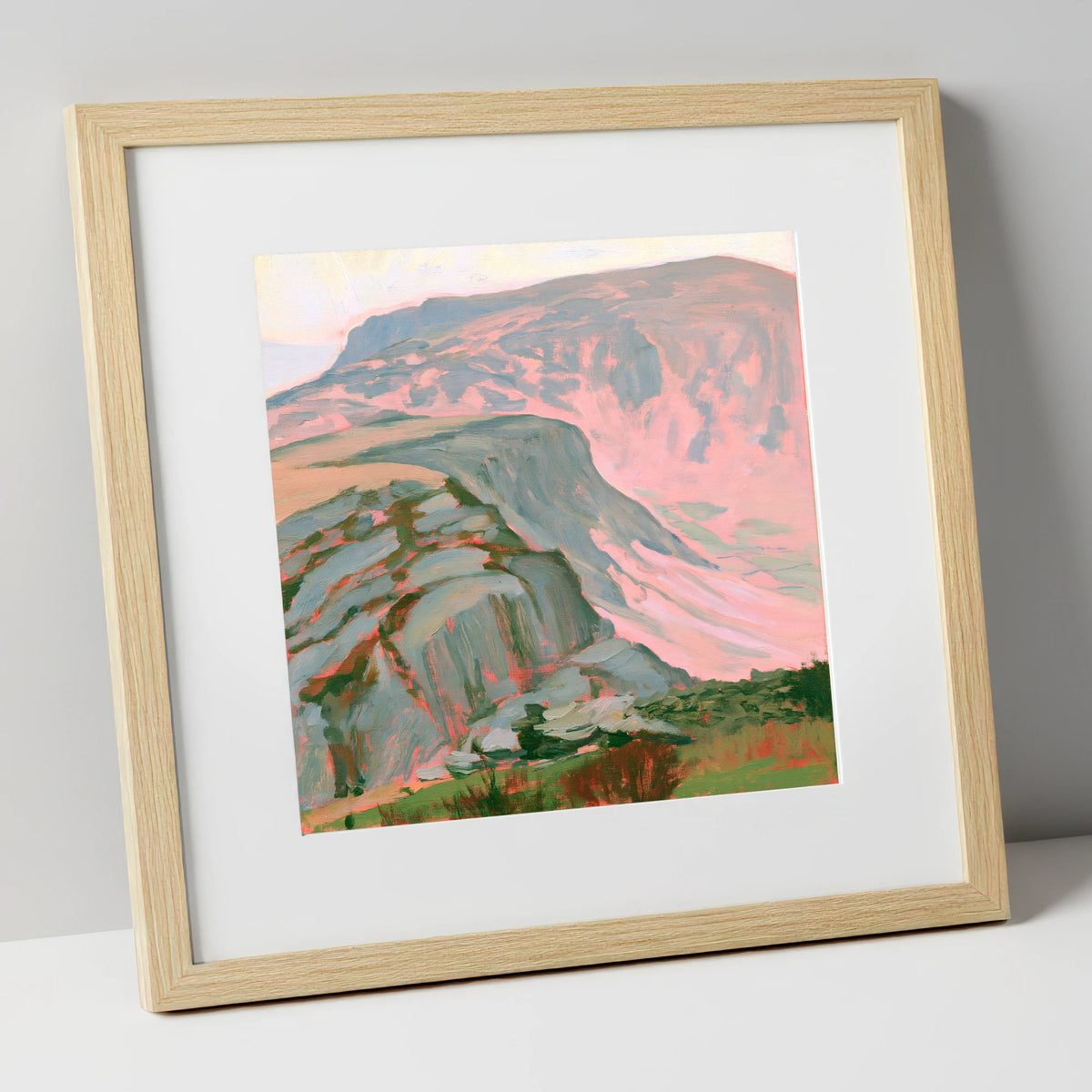 Pastel Pink Mountain Ridge lake district fell art print in natural frame