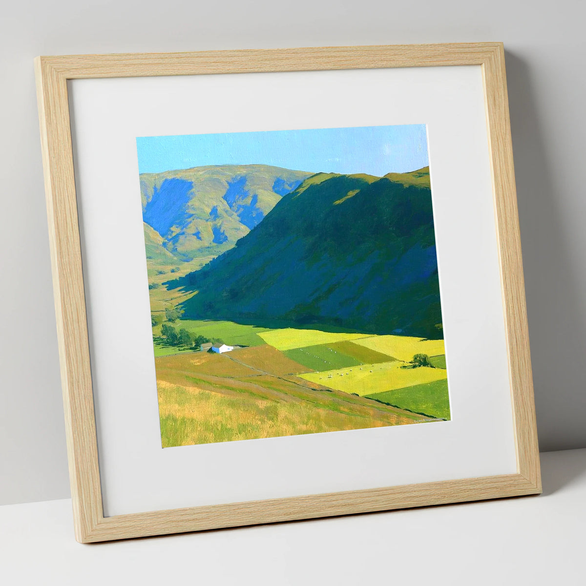 Sunlit Fields Below Steel Knotts lake district fell art print in natural frame