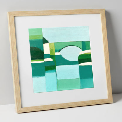 Pooley Bridge in Geometric Teal lake district village art print in natural frame