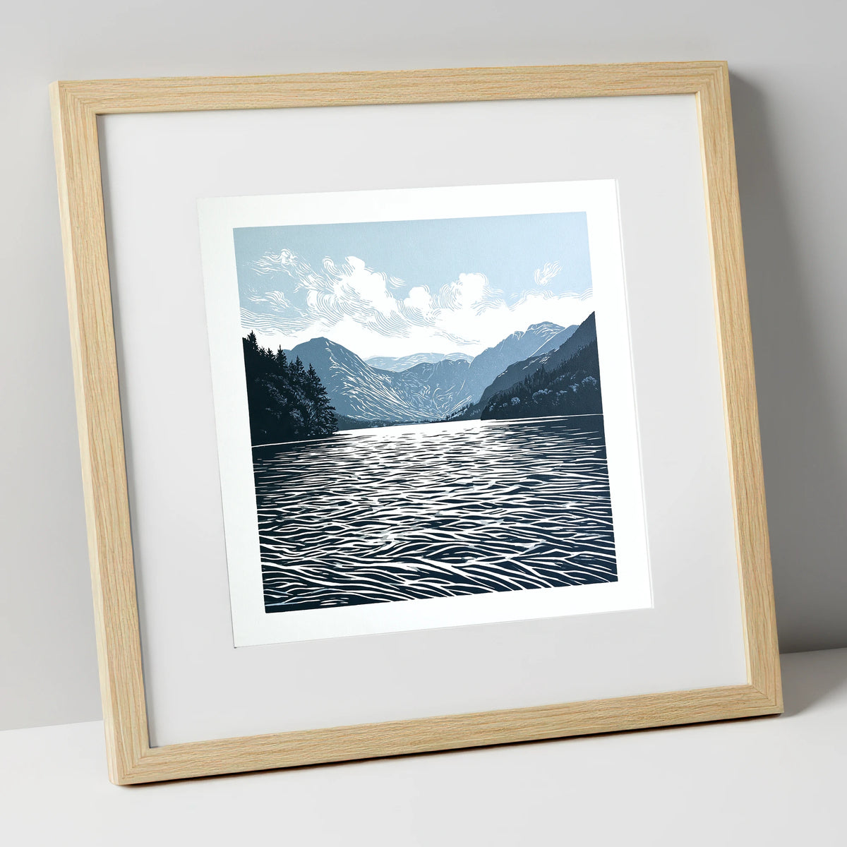 Crummock Water in Deep Navy lake district lake art print in natural frame