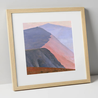Mountain Summit in Pink Light lake district fell art print in natural frame