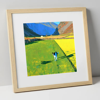 Sunlit Wasdale Valley Dog Walk gifts for dog walkers art print in natural frame