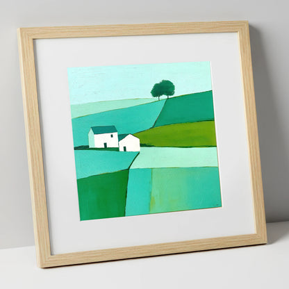 Near Sawrey Cottages In Bold Teal lake district village art print in natural frame