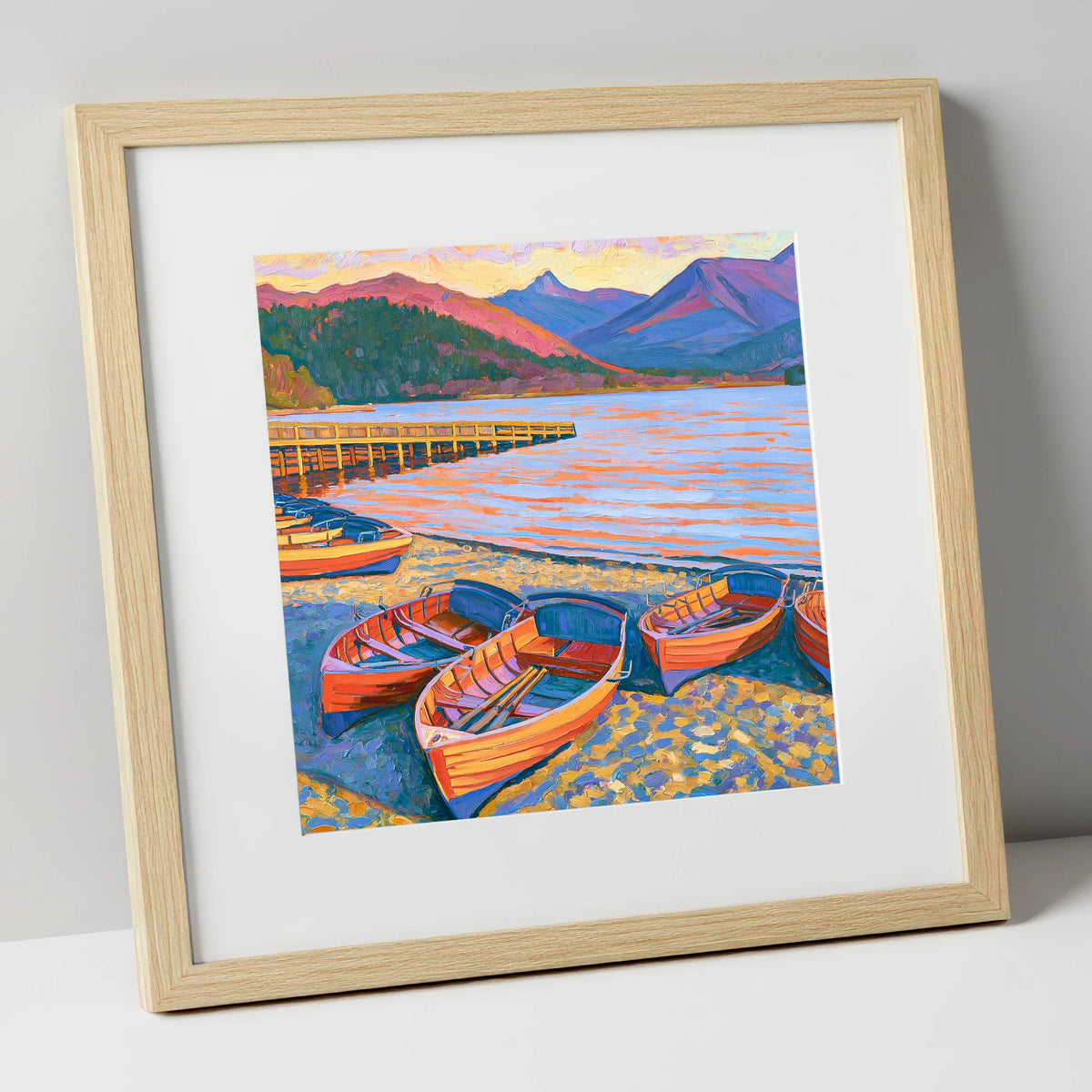 Orange Rowing Boats on Windermere lake district lake art print in natural frame