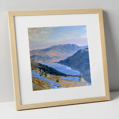 Sunlit Thirlmere from Western Fells lake district lake art print in natural frame