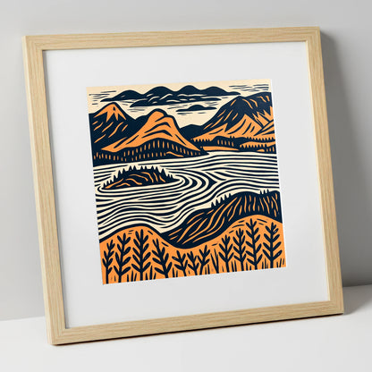 Derwentwater Island in Orange and Navy lake district lake art print in natural frame