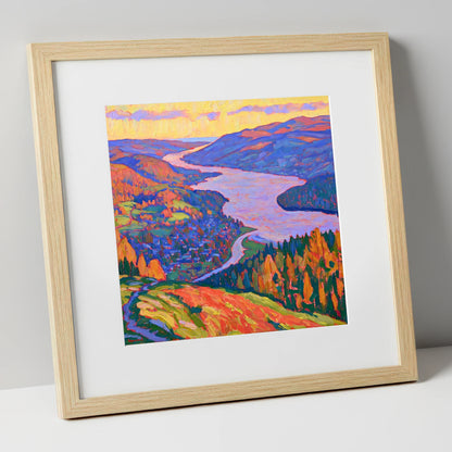 Vibrant Ambleside and Lake View lake district village art print in natural frame