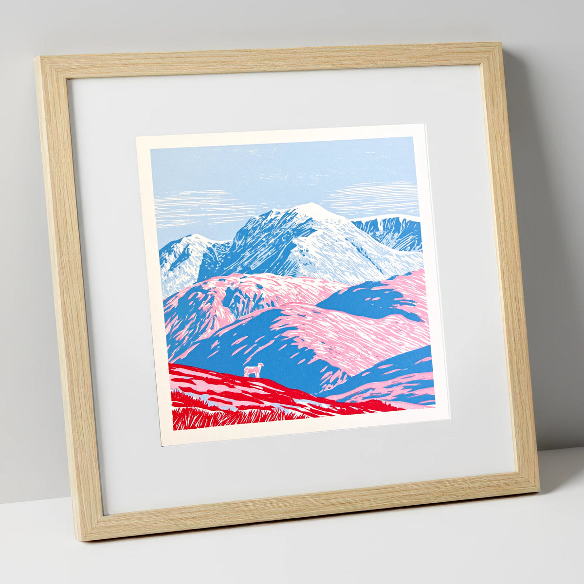 Vivid Pink Fells Below Bowfell lake district fell art print in natural frame