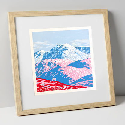 Vivid Pink Fells Below Bowfell lake district fell art print in natural frame