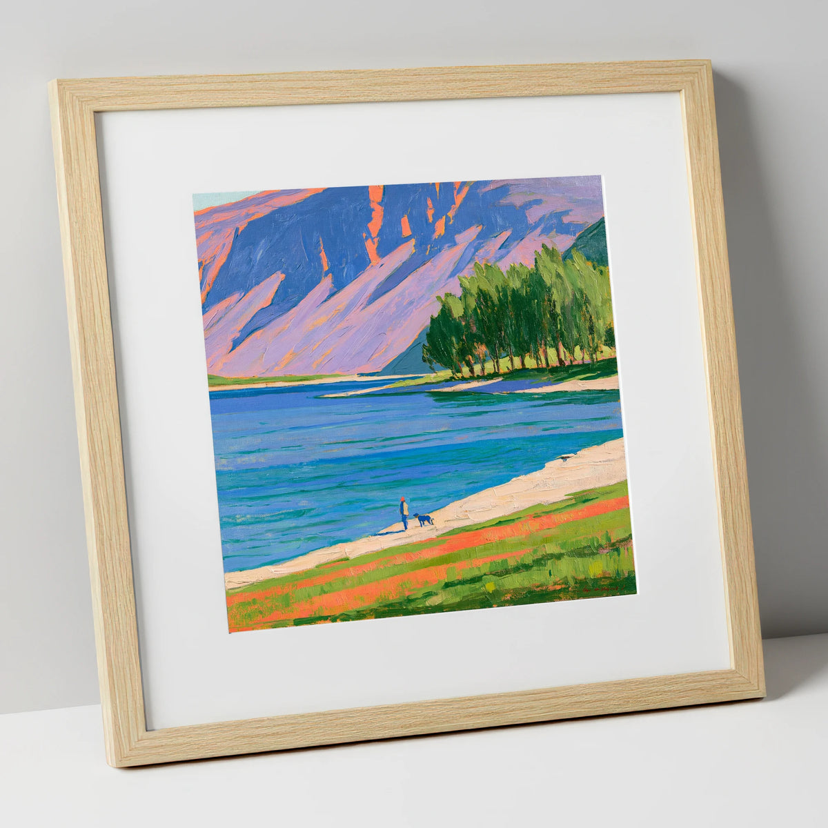 Dog Walker at Vibrant Buttermere gifts for dog walkers art print in natural frame